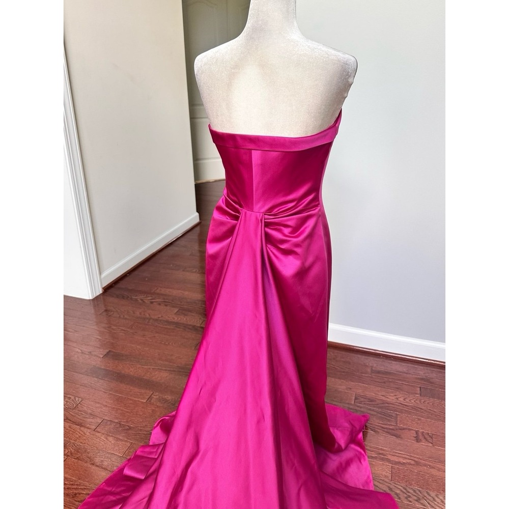 David's Bridal Fuchsia Strapless Fit & Flare Dainty Simple Gown Dress w Train - Picture 4 of 12